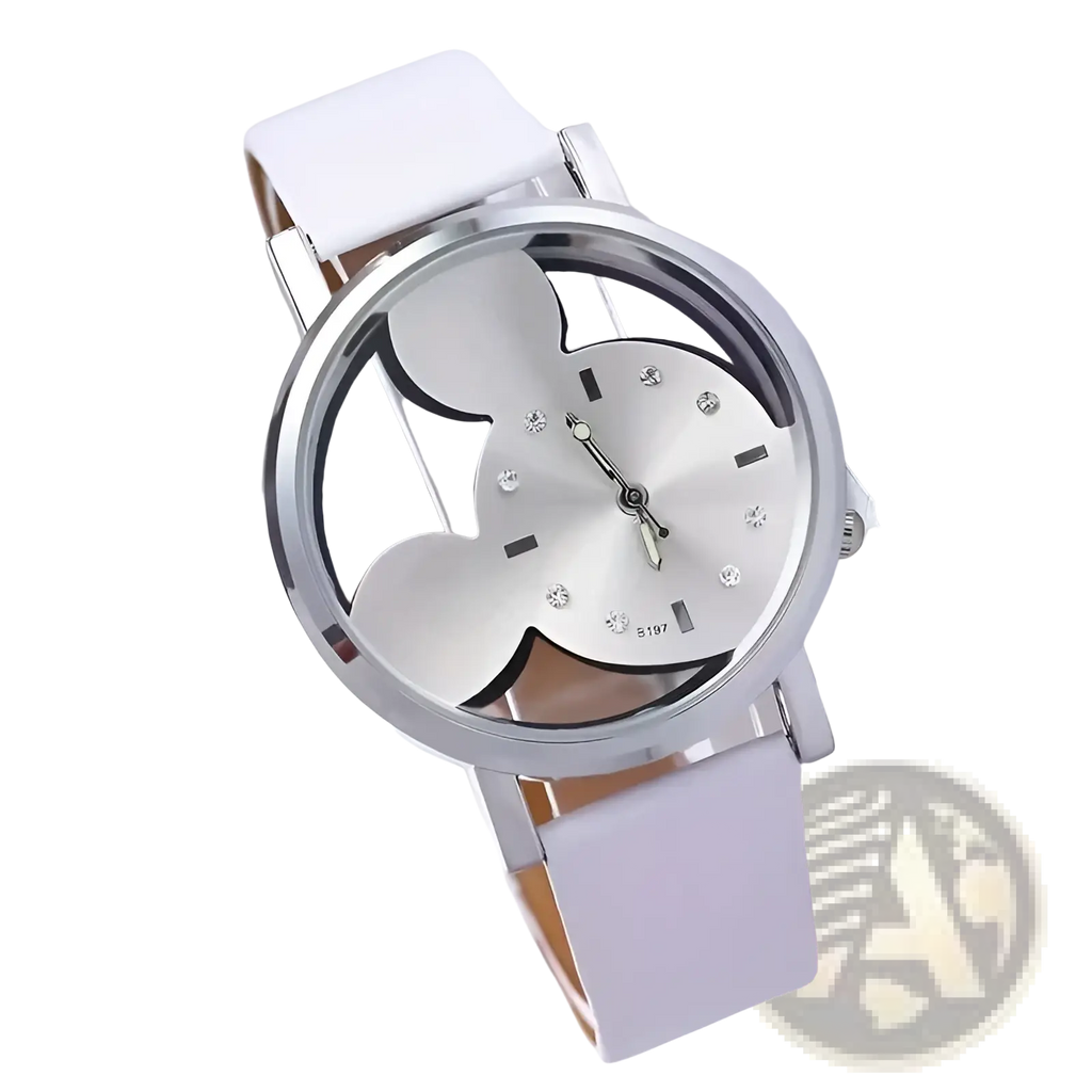 Mickey Mouse leather kids quartz watch with silver-toned face white leather strap and rhinestone Mickey silhouette design