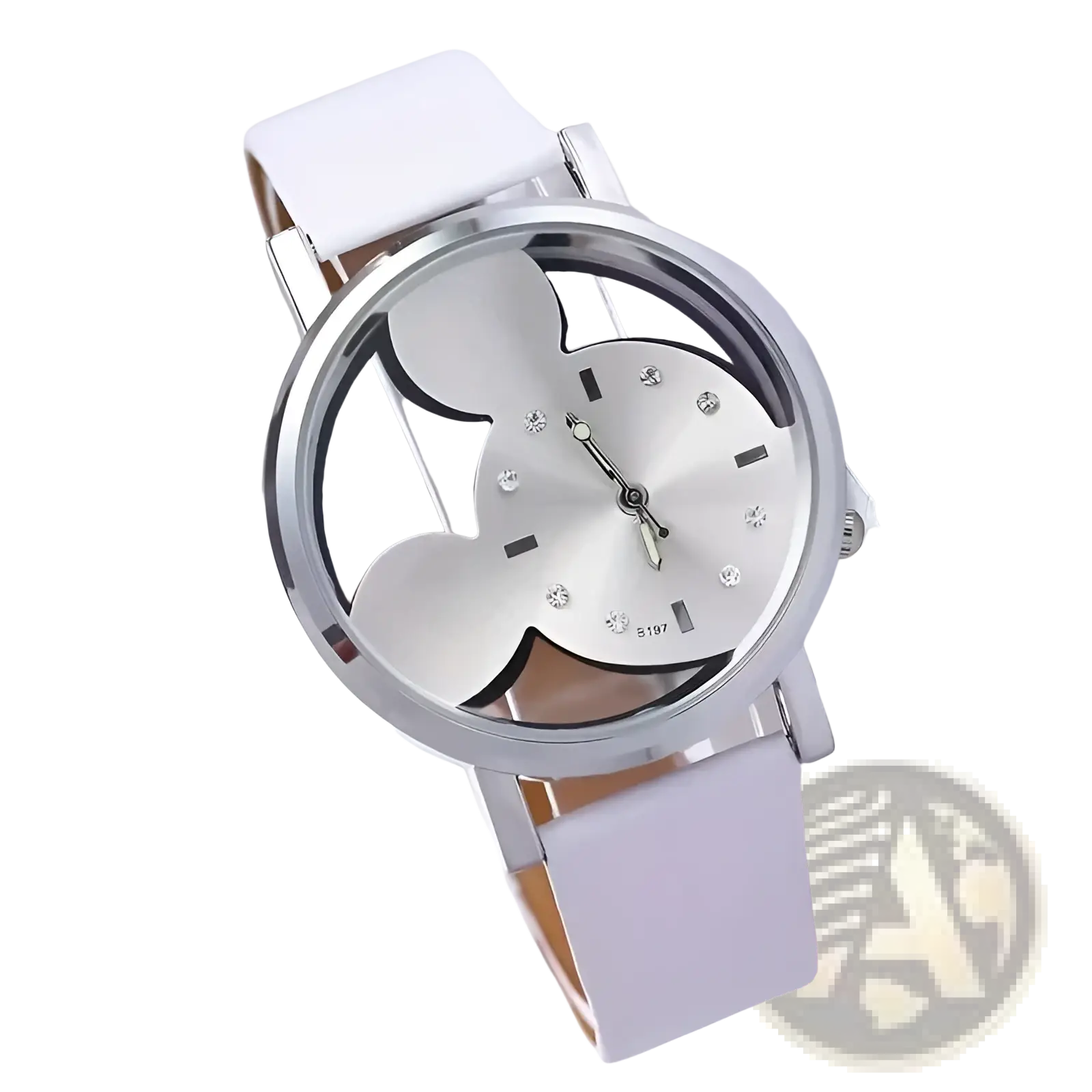Mickey Mouse leather kids quartz watch with silver-toned face white leather strap and rhinestone Mickey silhouette design