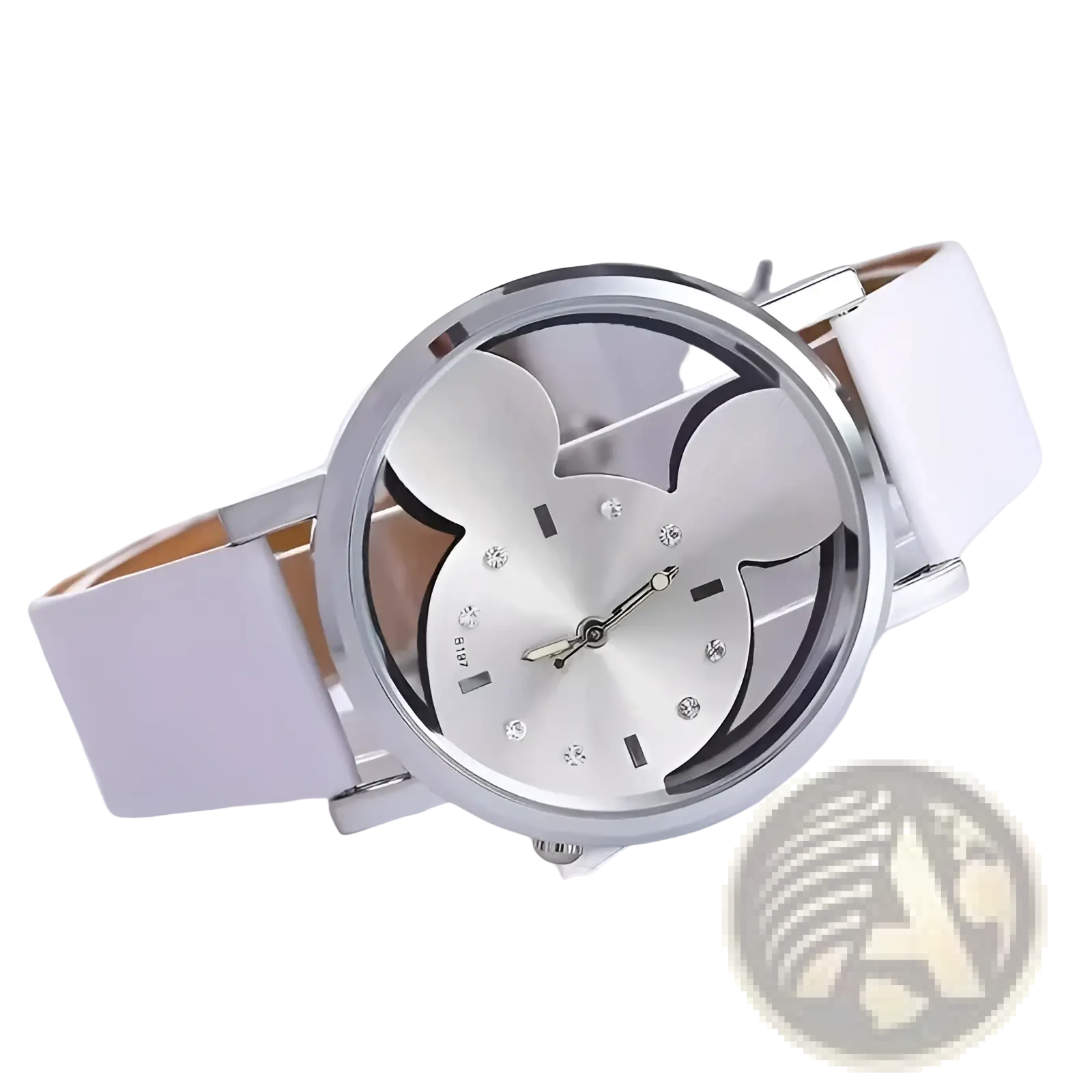 Silver mickey mouse leather kids quartz watch with white strap and crystal accents for children