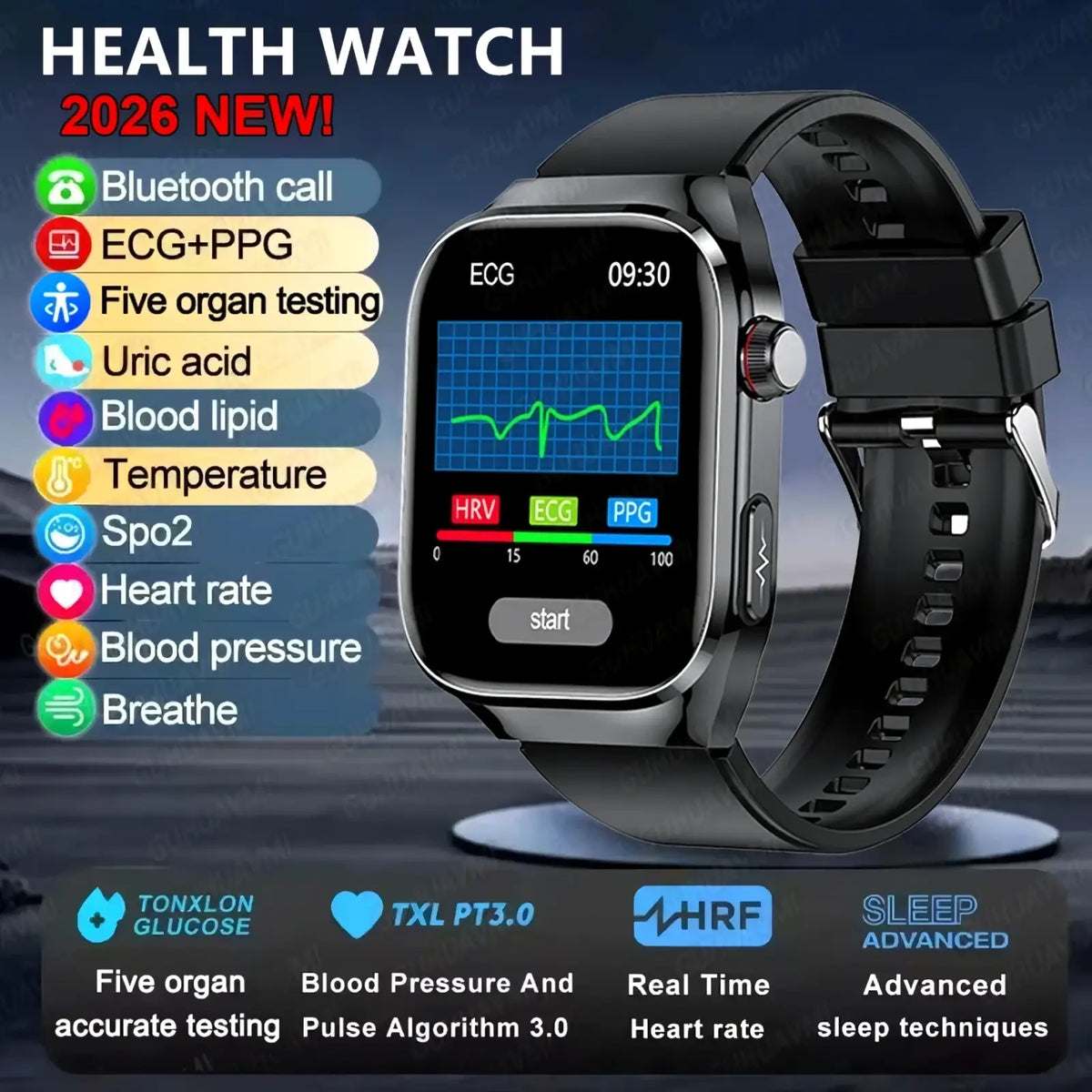 Black micro physical examination smart watch men with sleek rectangular ecg display and matching black silicone strap