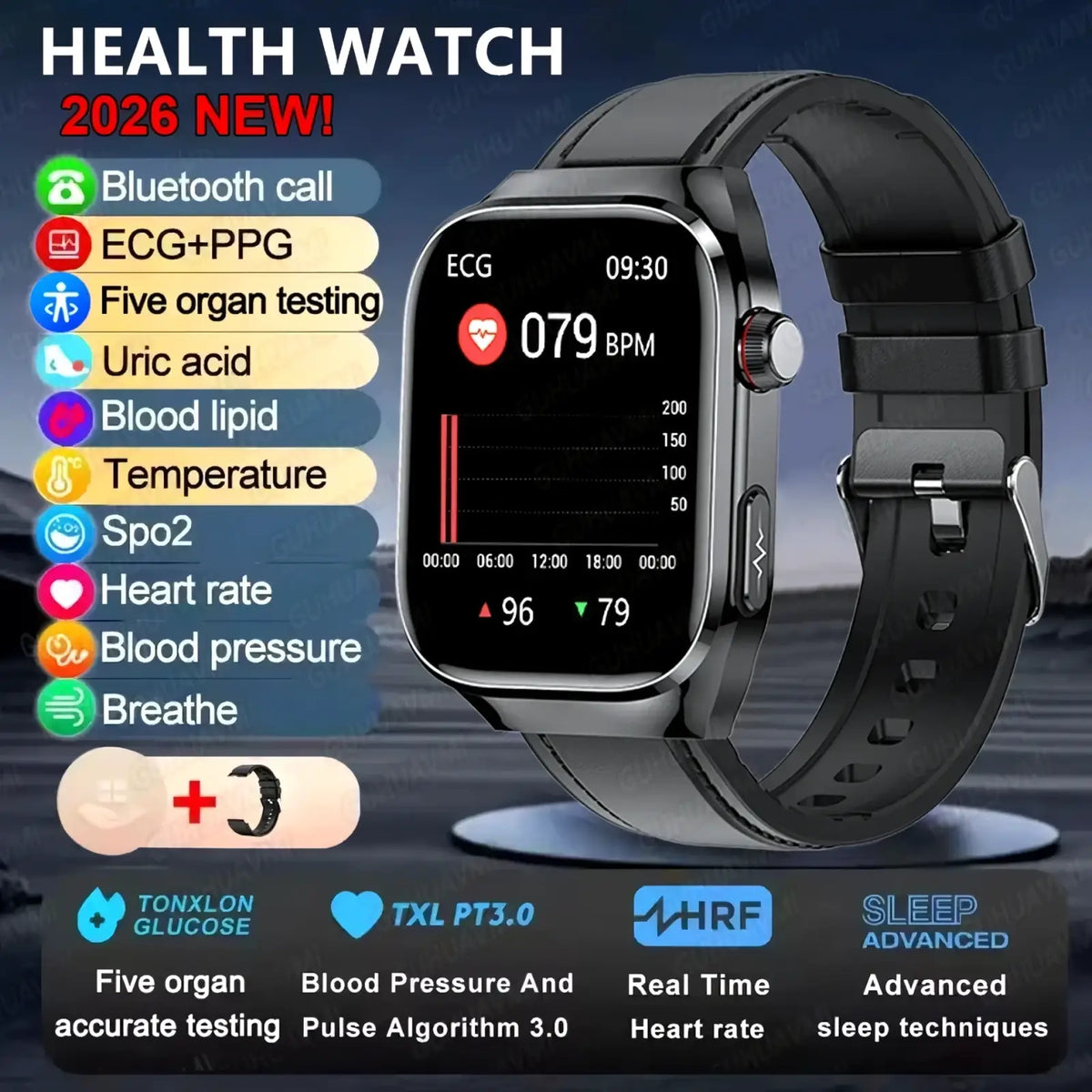 Black micro physical examination smart watch men with sleek rectangular screen showing health metrics and black silicone strap