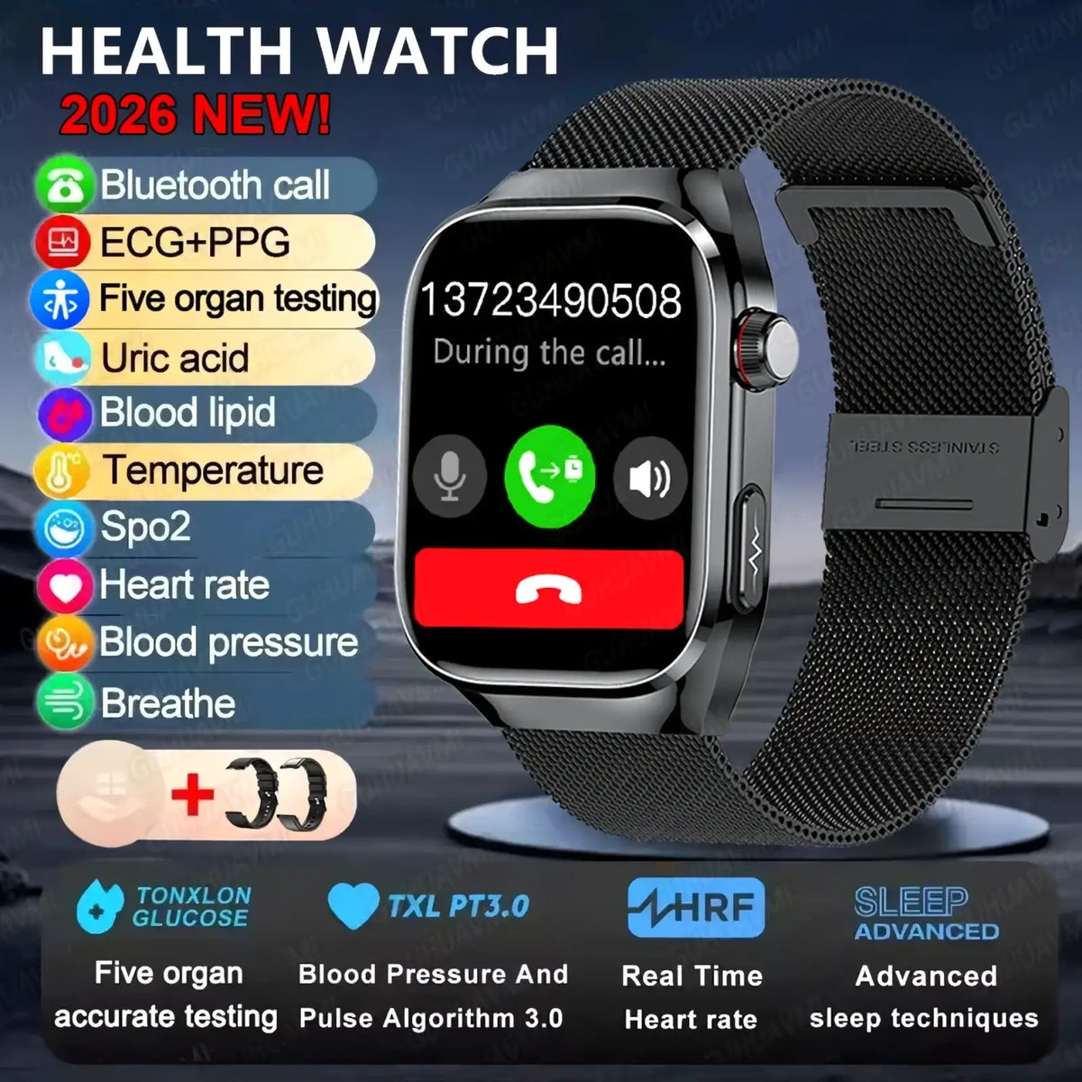 Micro physical examination smart watch men with black mesh band and silver-toned bezel featuring sleek modern design