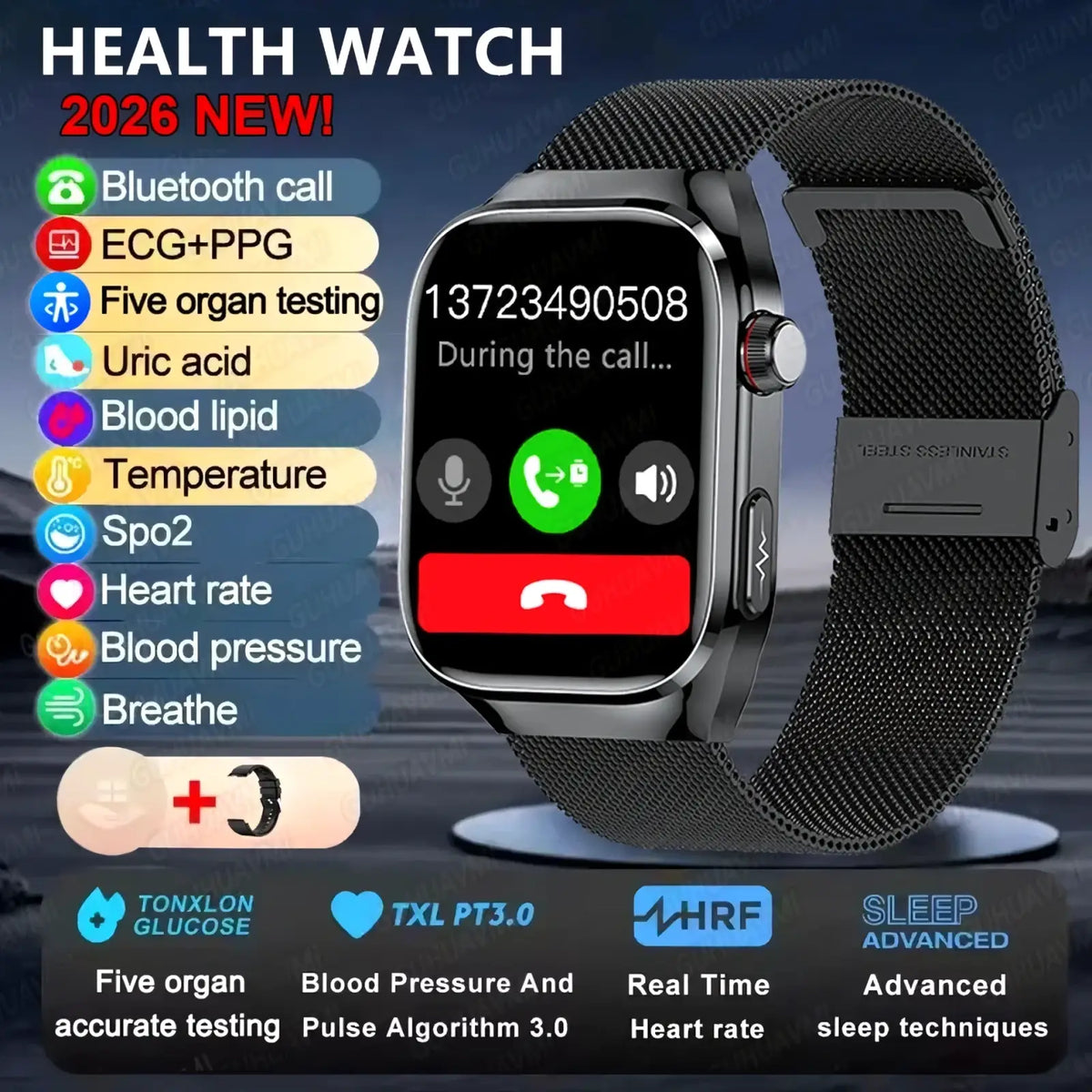 Micro physical examination smart watch men with black mesh band and rectangular screen showing health metrics and call interface