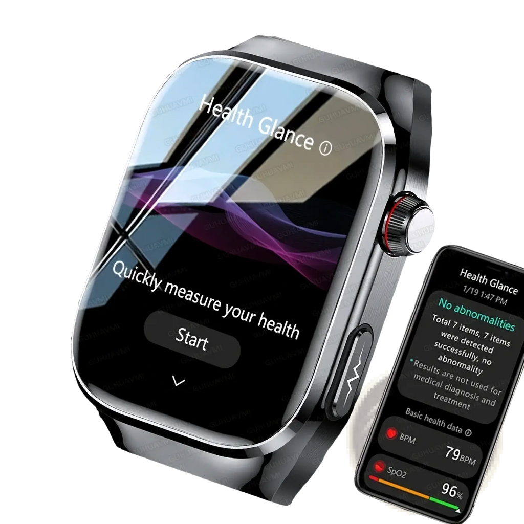 Micro physical examination smart watch men with black mesh strap, rectangular screen, health metrics, and silver-toned bezel