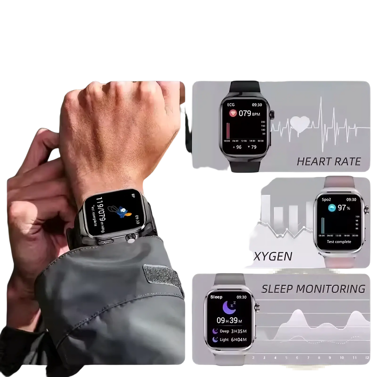 Black micro physical examination smart watch men with rectangular screen displaying heart rate and sleep tracking metrics