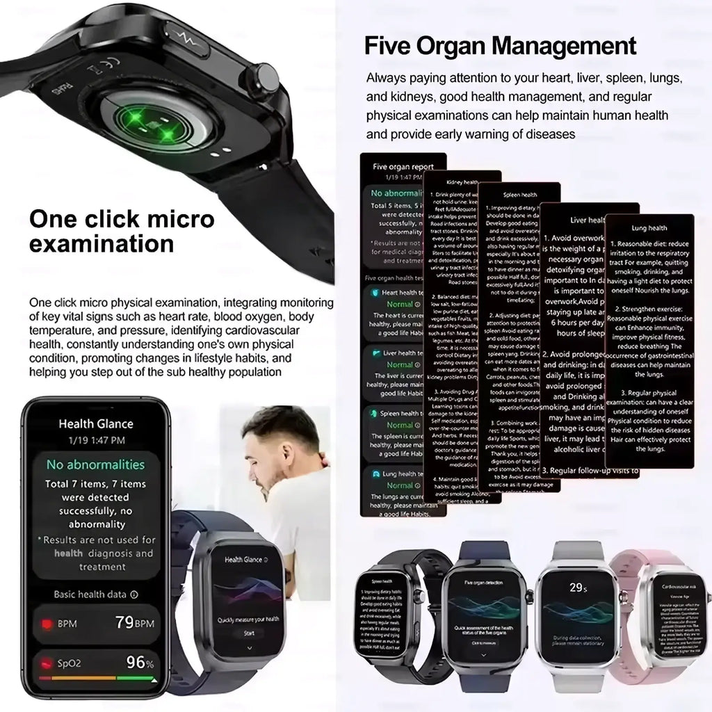 Black micro physical examination smart watch men with sleek rounded case and band displaying health metrics on screen