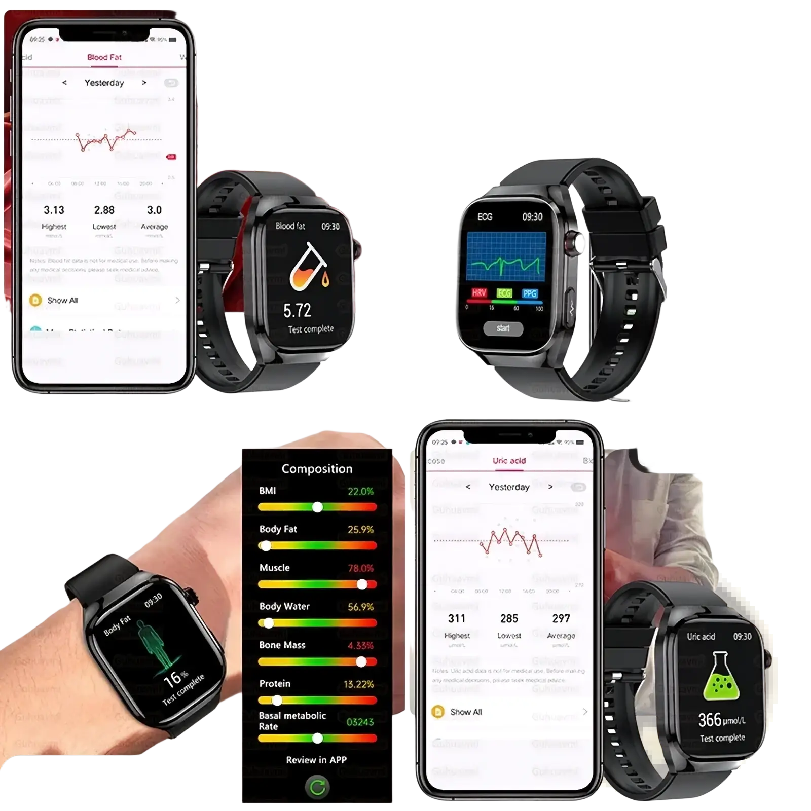 Black micro physical examination smart watch men with sleek rectangular screen showing blood fat and ecg test results