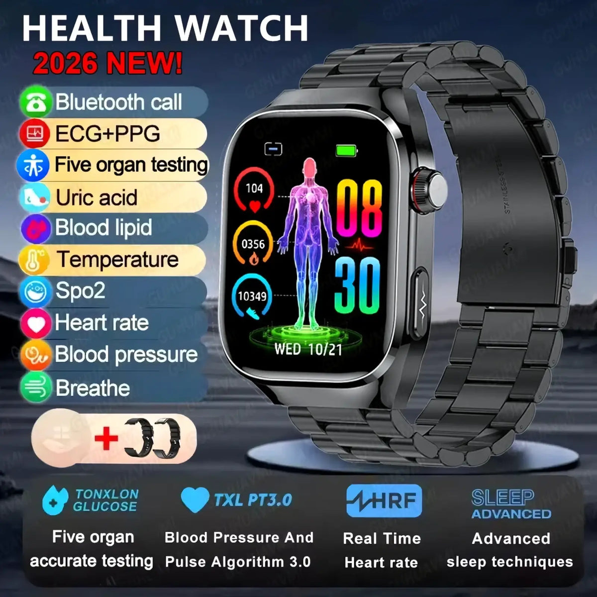 Black metallic micro physical examination smart watch men with rectangular screen showing colorful vital signs and anatomy