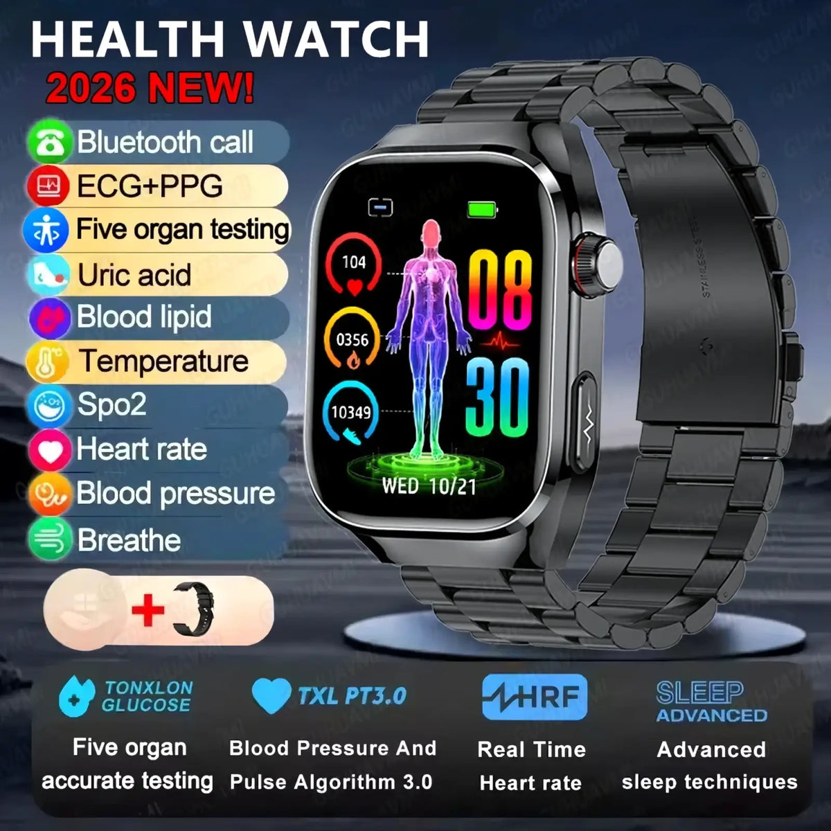 Black metallic micro physical examination smart watch men with rectangular screen showing colorful vital signs and anatomy