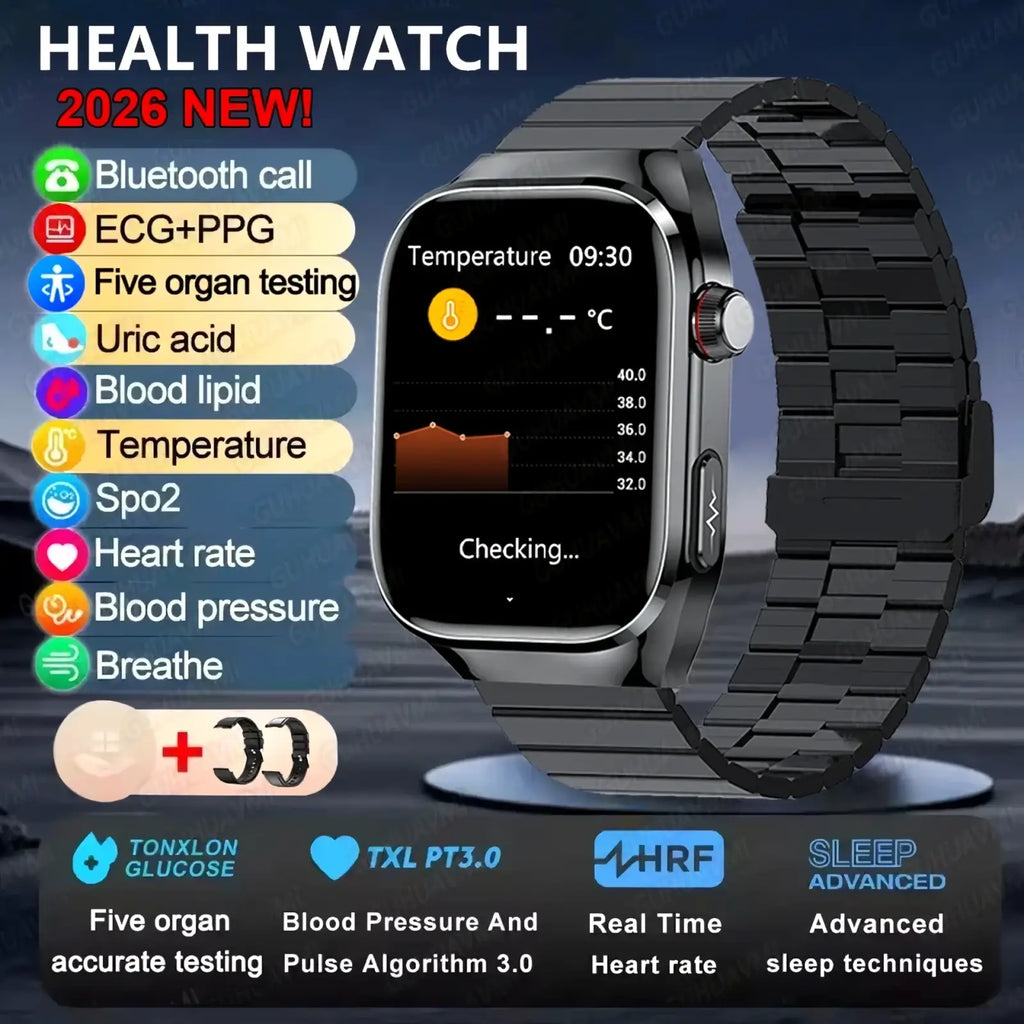 Black metallic micro physical examination smart watch for men with a sleek rectangular screen showing temperature and heart rate