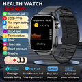 Black metallic micro physical examination smart watch for men with a sleek rectangular screen showing temperature and heart rate