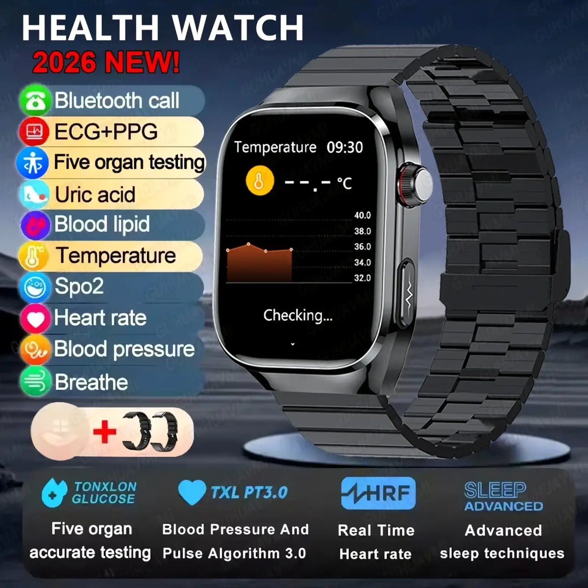 Black metallic micro physical examination smart watch for men with a sleek rectangular screen showing temperature and heart rate