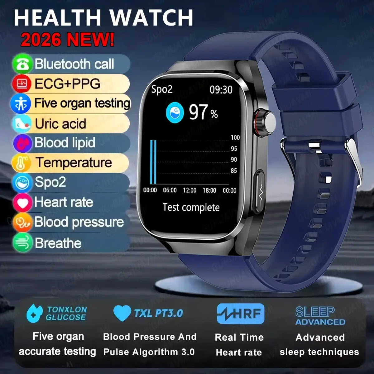 Blue silicone strap Micro Physical Examination smart watch for men with silver-toned case and digital spo2 display