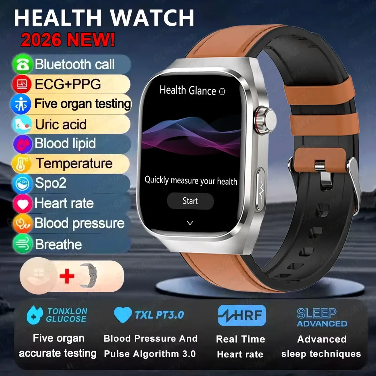 Silver-framed Micro Physical Examination smart watch for men with tan and black leather strap displaying health glance