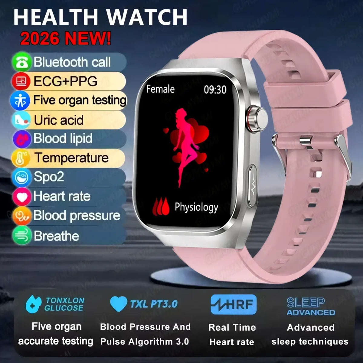 Micro physical examination smart watch men with pink silicone strap silver-toned case and black health metrics screen