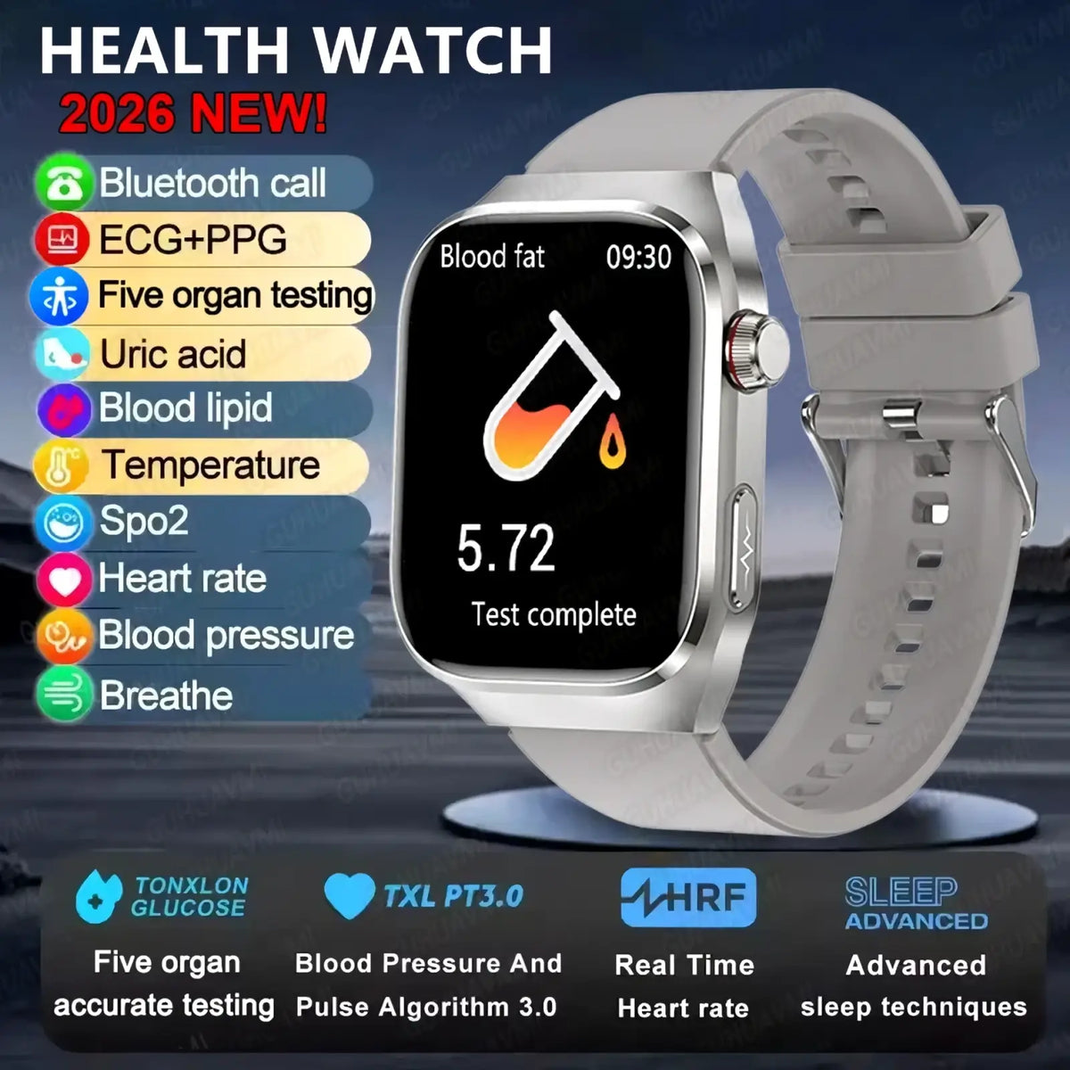 A sleek silver-framed Micro Physical Examination smart watch for men with light gray silicone band displaying blood fat readings