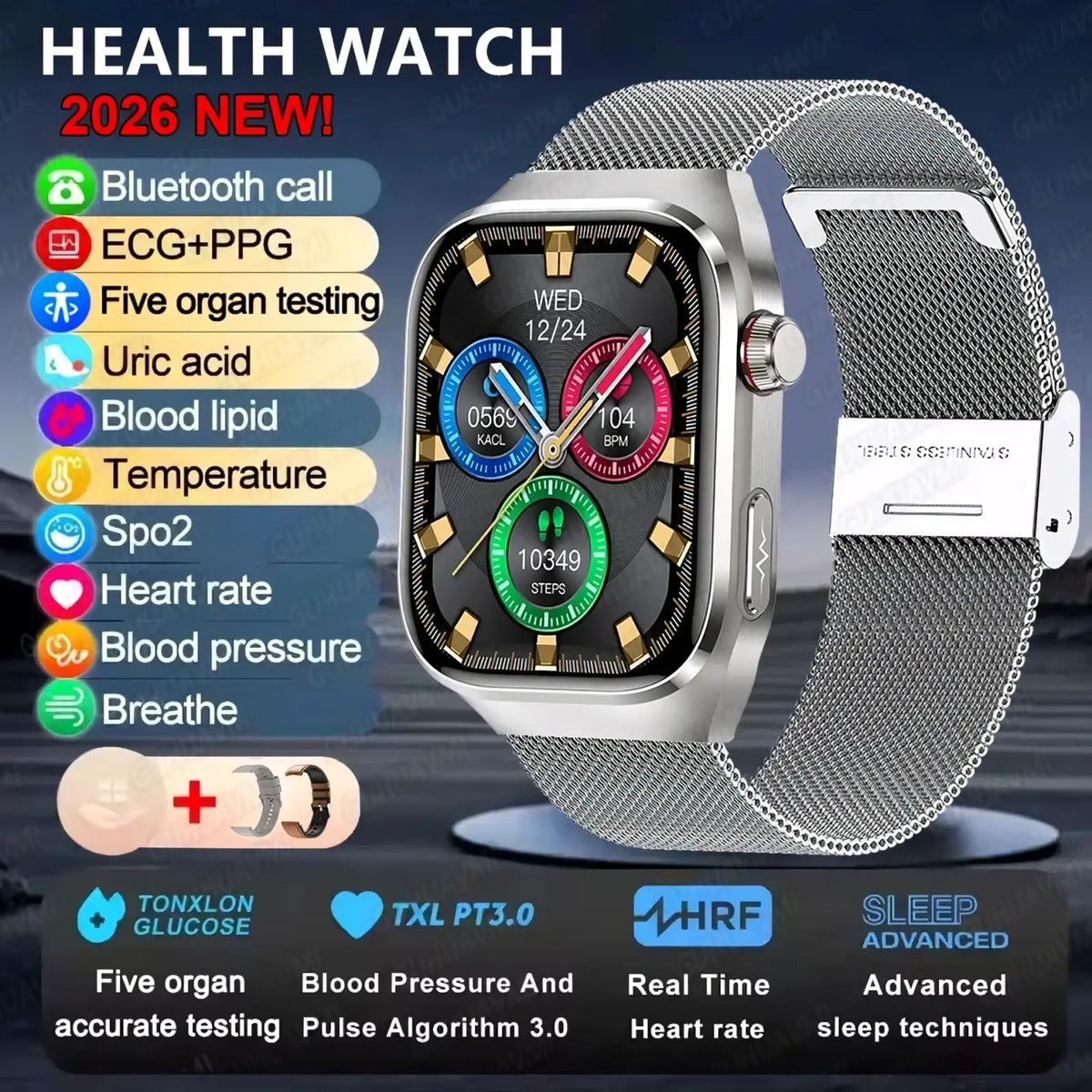 Silver-toned micro physical examination smart watch men with sleek mesh band and rectangular face showing health metrics