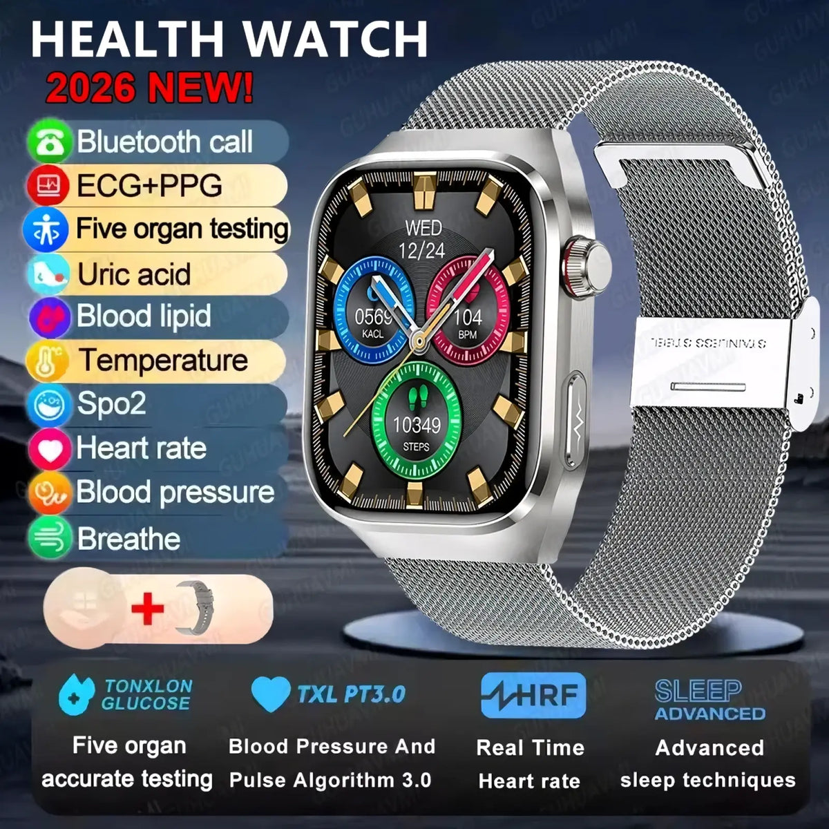 Micro physical examination smart watch men silver-toned with mesh metal band and rectangular face showing health metrics