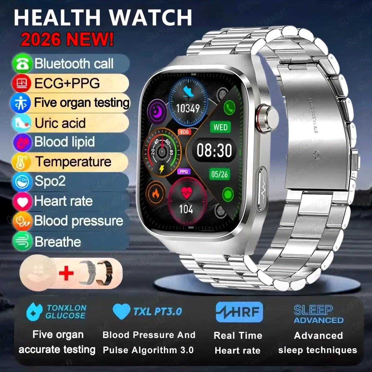 Micro Physical Examination smart watch men silver stainless steel with sleek design and rectangular digital health display