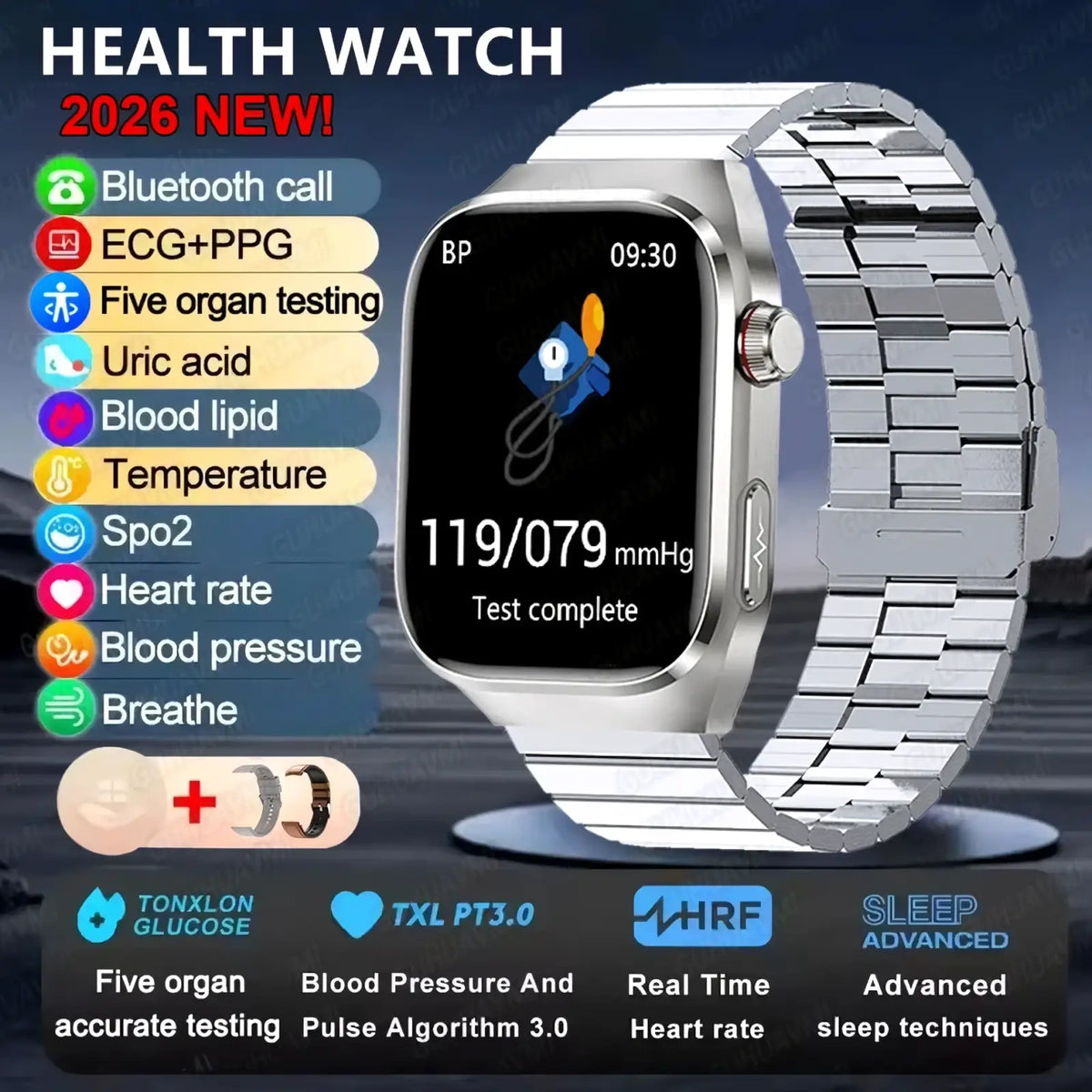 Silver-toned stainless steel Micro Physical Examination smart watch for men with a rectangular digital display showing blood pressure readings