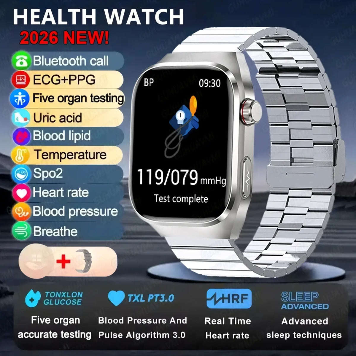 Micro physical examination smart watch men silver metallic with sleek interlinked band and blood pressure display screen