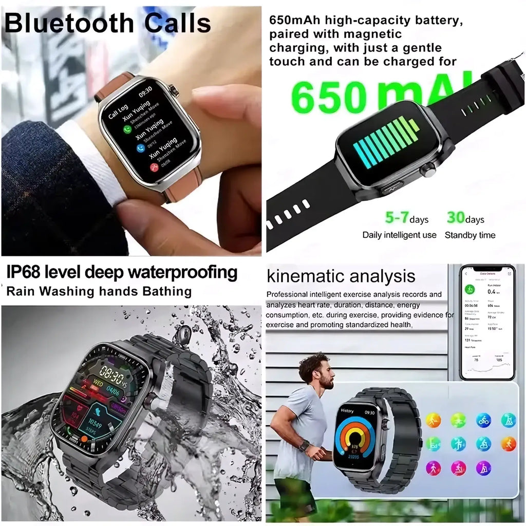 Micro physical examination smart watch men with rectangular screen, metallic case, and black strap for health monitoring
