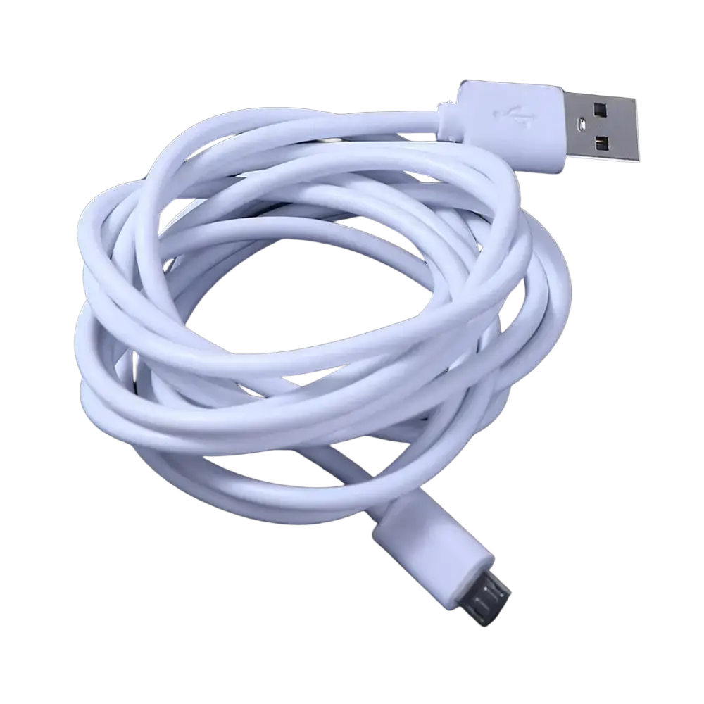 White micro usb fast charging cable with standard usb-a and micro-usb-b connectors coiled on a dark background