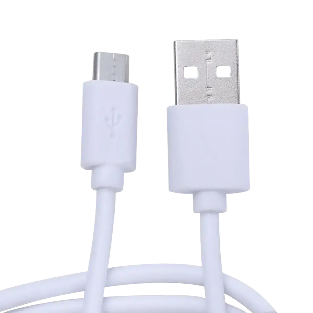 Micro USB fast charging cable white with molded plastic casings featuring one micro USB and one USB A connector
