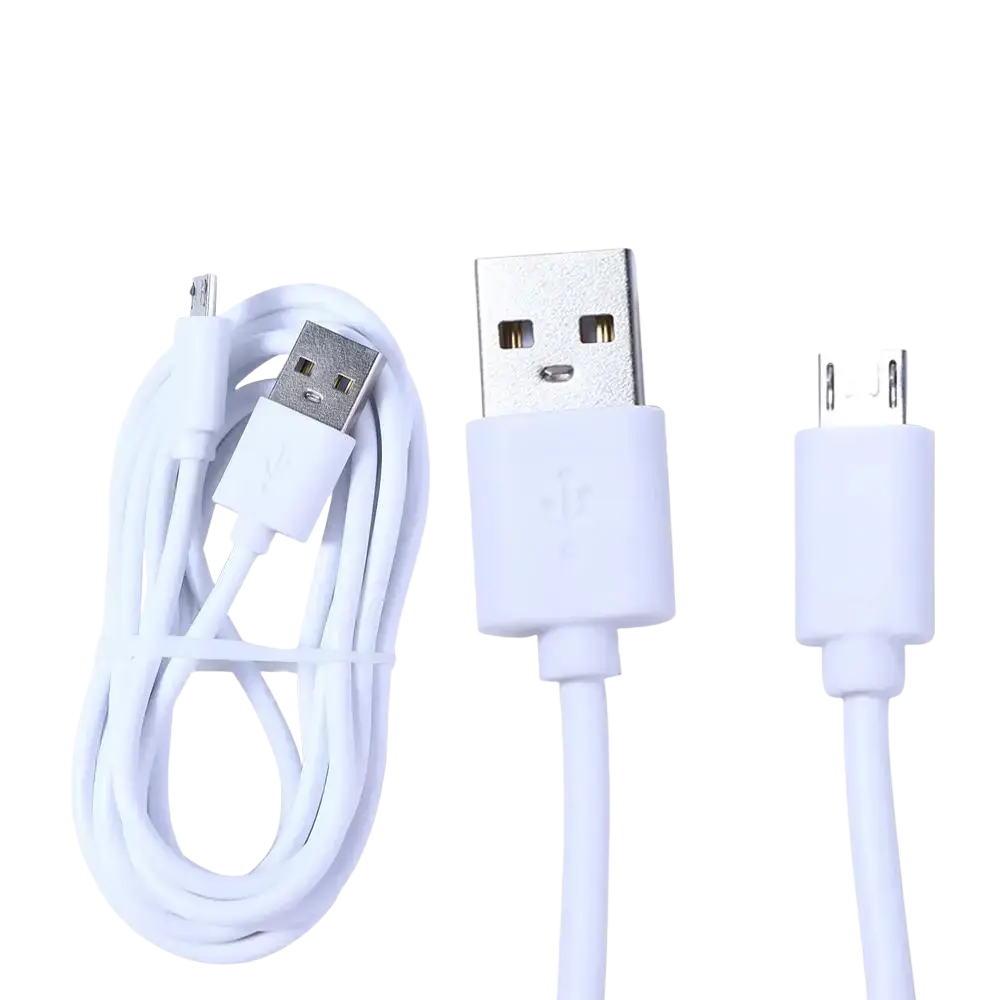 White micro usb fast charging cable with plastic casings on usb-a and micro-usb-b connectors for durable use