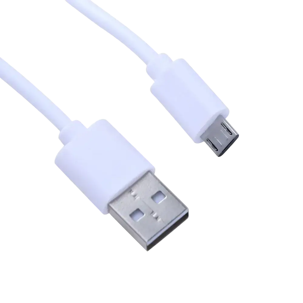 White micro usb fast charging cable with usb-a plastic connectors and metallic contacts for reliable data transfer