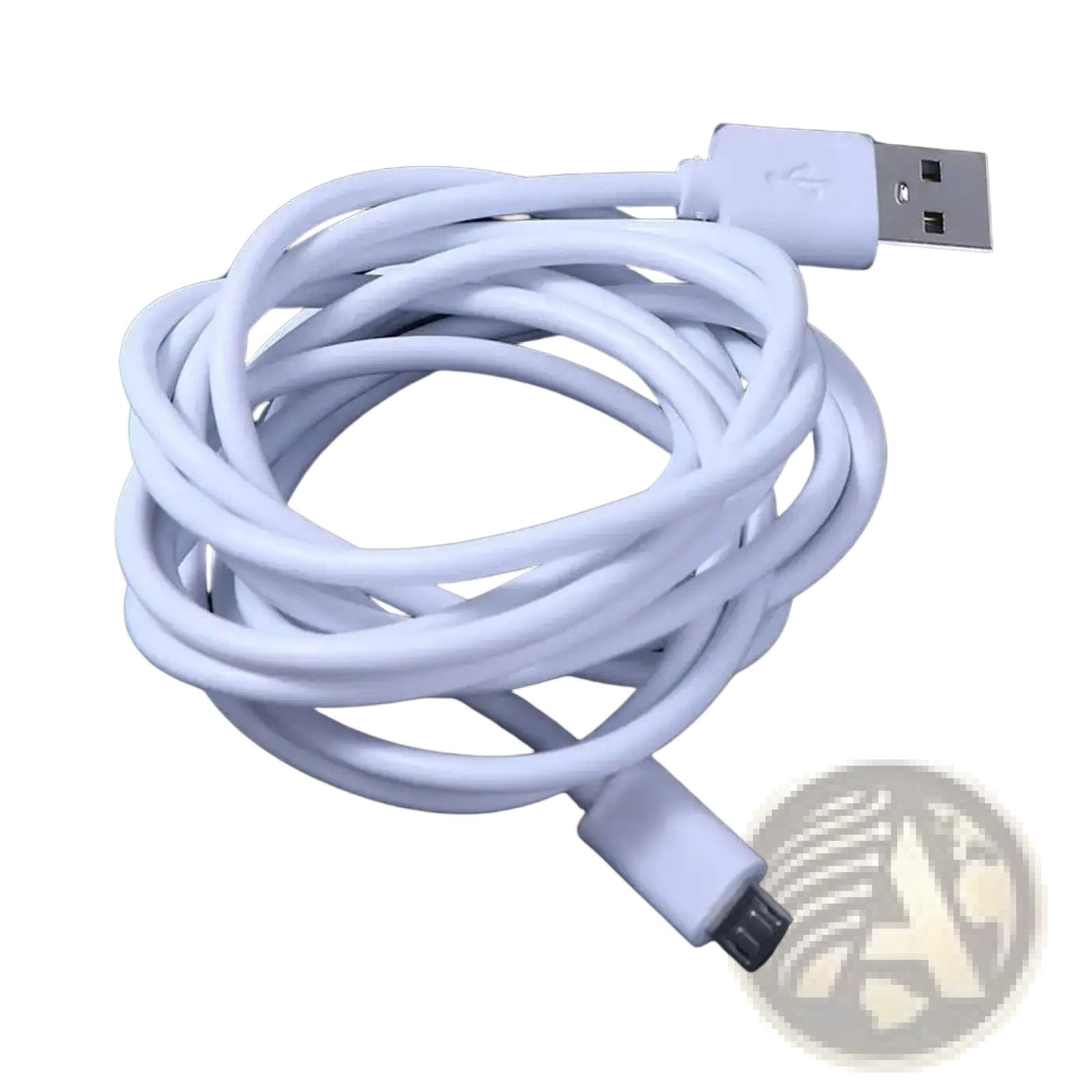 White micro usb fast charging cable with standard usb-a and micro-usb-b connectors coiled on a dark background