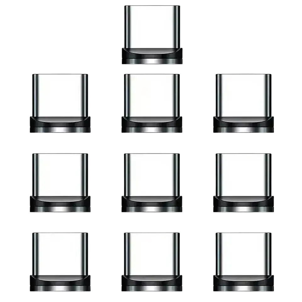 Nine transparent glass vape tank cartridges with black metal bases displayed with micro usb magnetic charging adapter plug