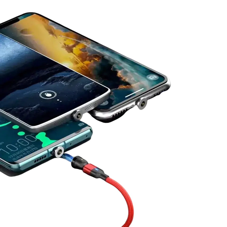 Red braided micro usb magnetic charging cable adapter plug with black connectors and blue glowing tip for fast charging