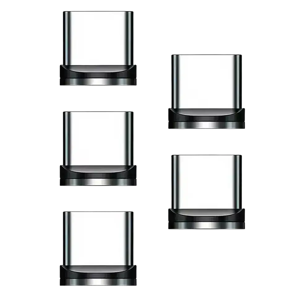 Set of four transparent glass vape cartridges with black bases shown alongside micro usb magnetic charging adapter plug