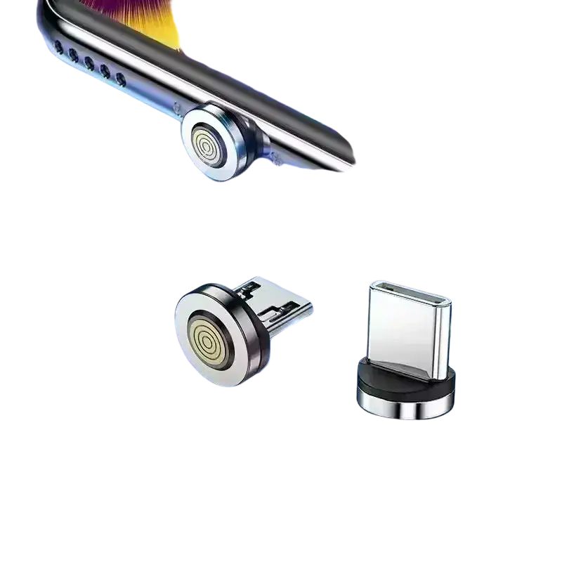 Silver micro usb magnetic charging cable adapter plug with circular metallic design and gold-toned center
