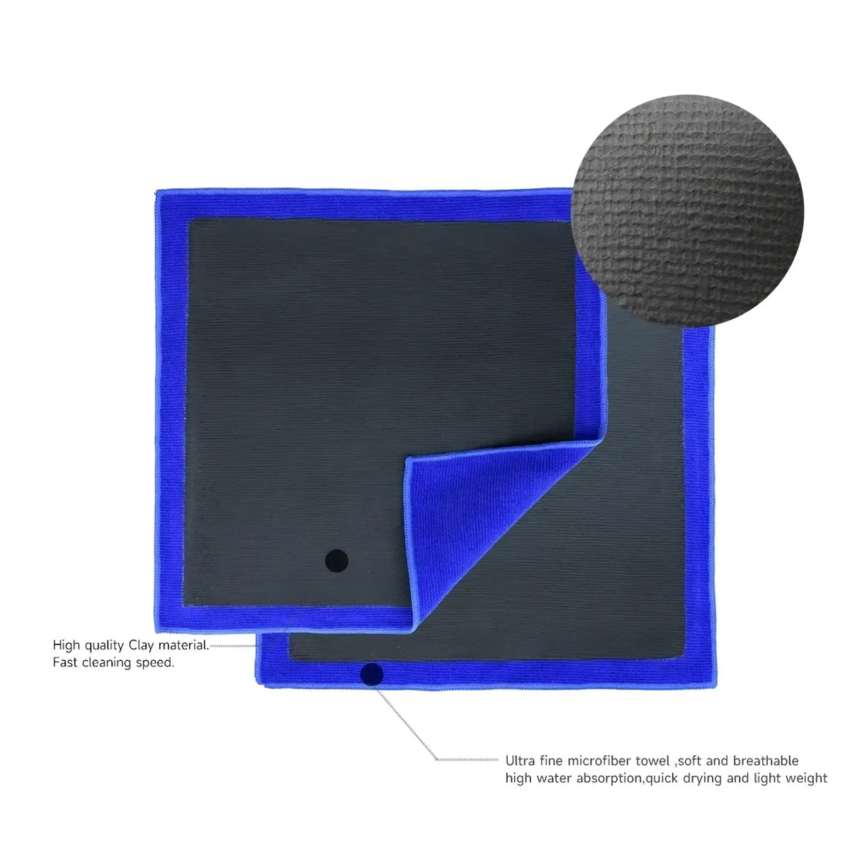 Blue and black ultra fine microfiber car clay towel with textured surface for detailing and cleaning