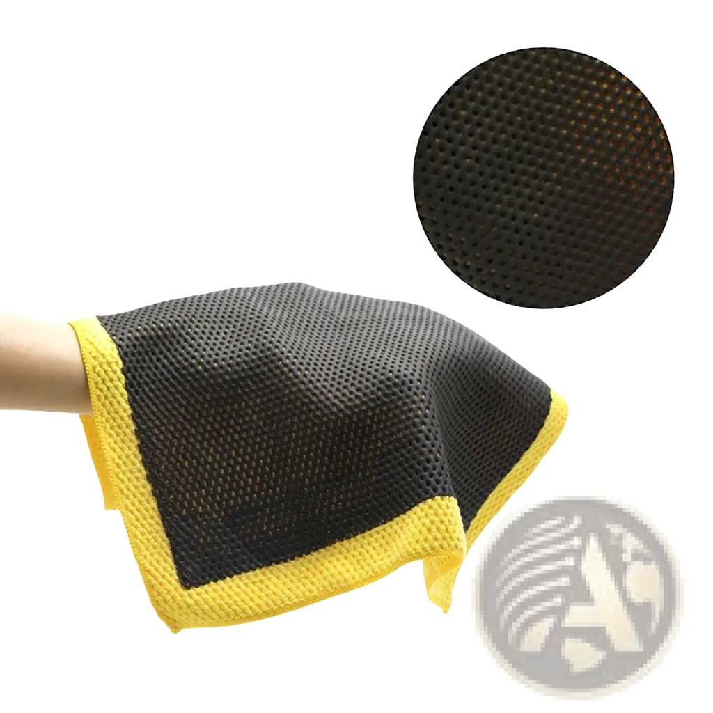 Black and yellow microfiber car clay towel detailing cloth with perforated mesh texture for scratch-free cleaning