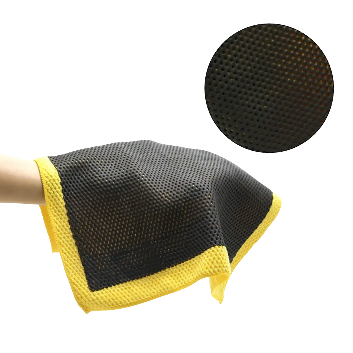 Black and yellow microfiber car clay towel detailing cloth with perforated mesh texture for scratch-free cleaning