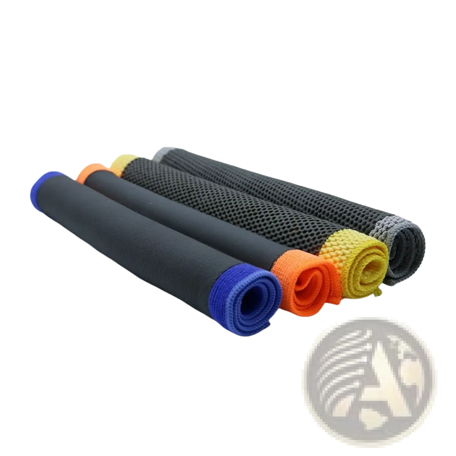 Set of five rolled microfiber car clay towel detailing cloths in black blue orange yellow and gray with textured surfaces