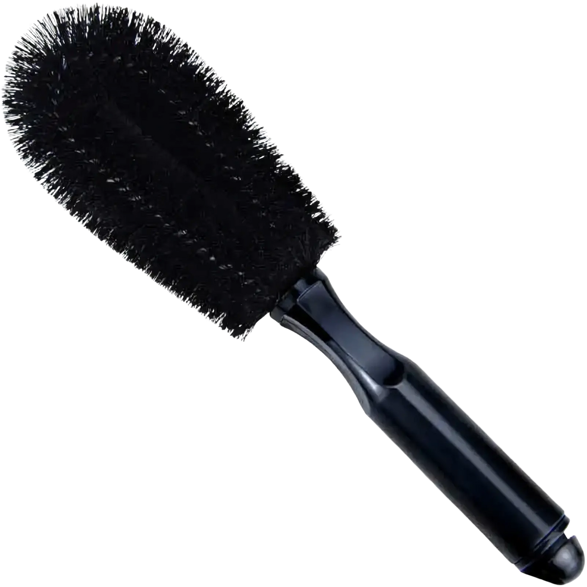Black microfiber car wheel cleaning brush with dense stiff bristles and glossy plastic handle for detailing
