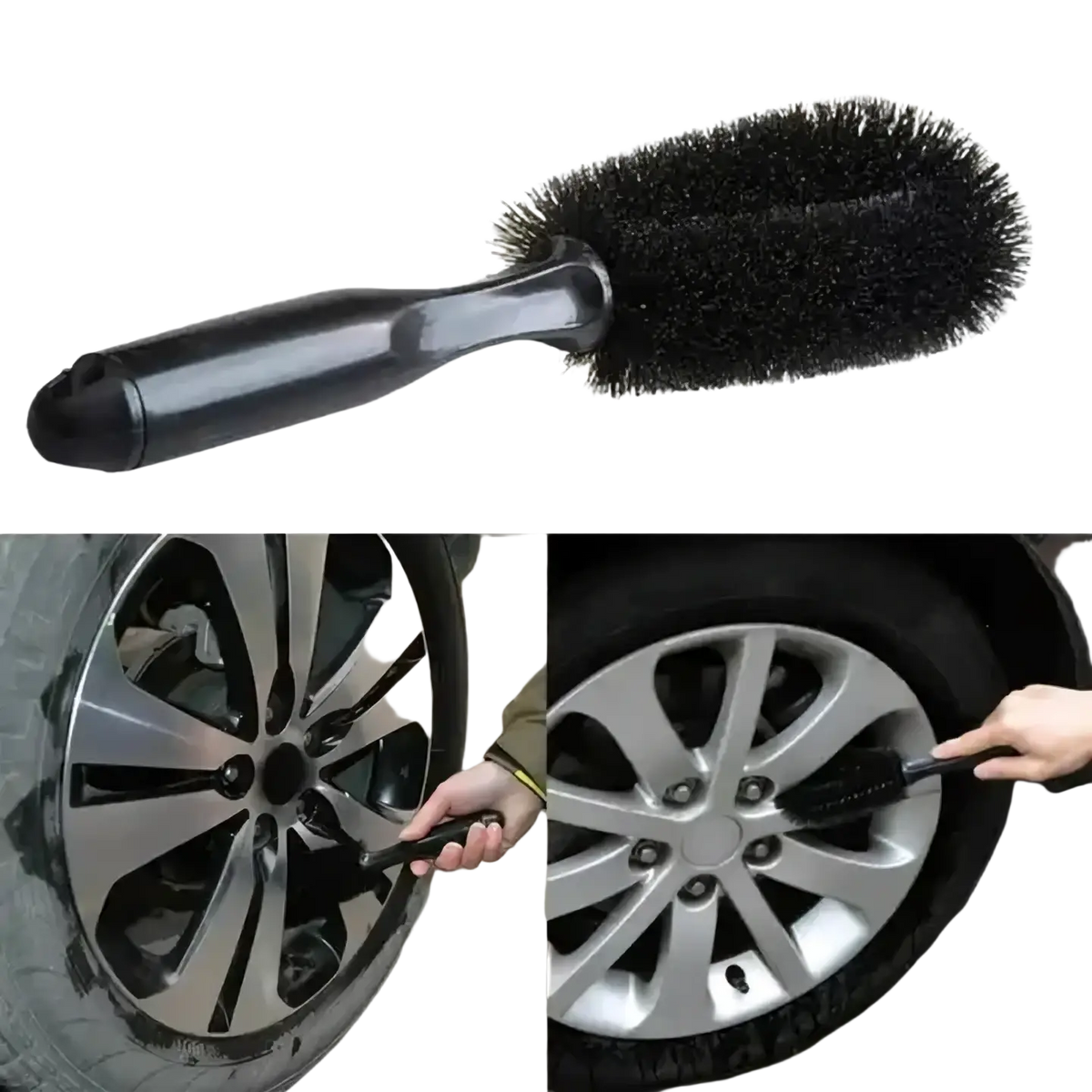 Black bristle microfiber car wheel cleaning brush with a sleek ergonomic handle for efficient wheel cleaning