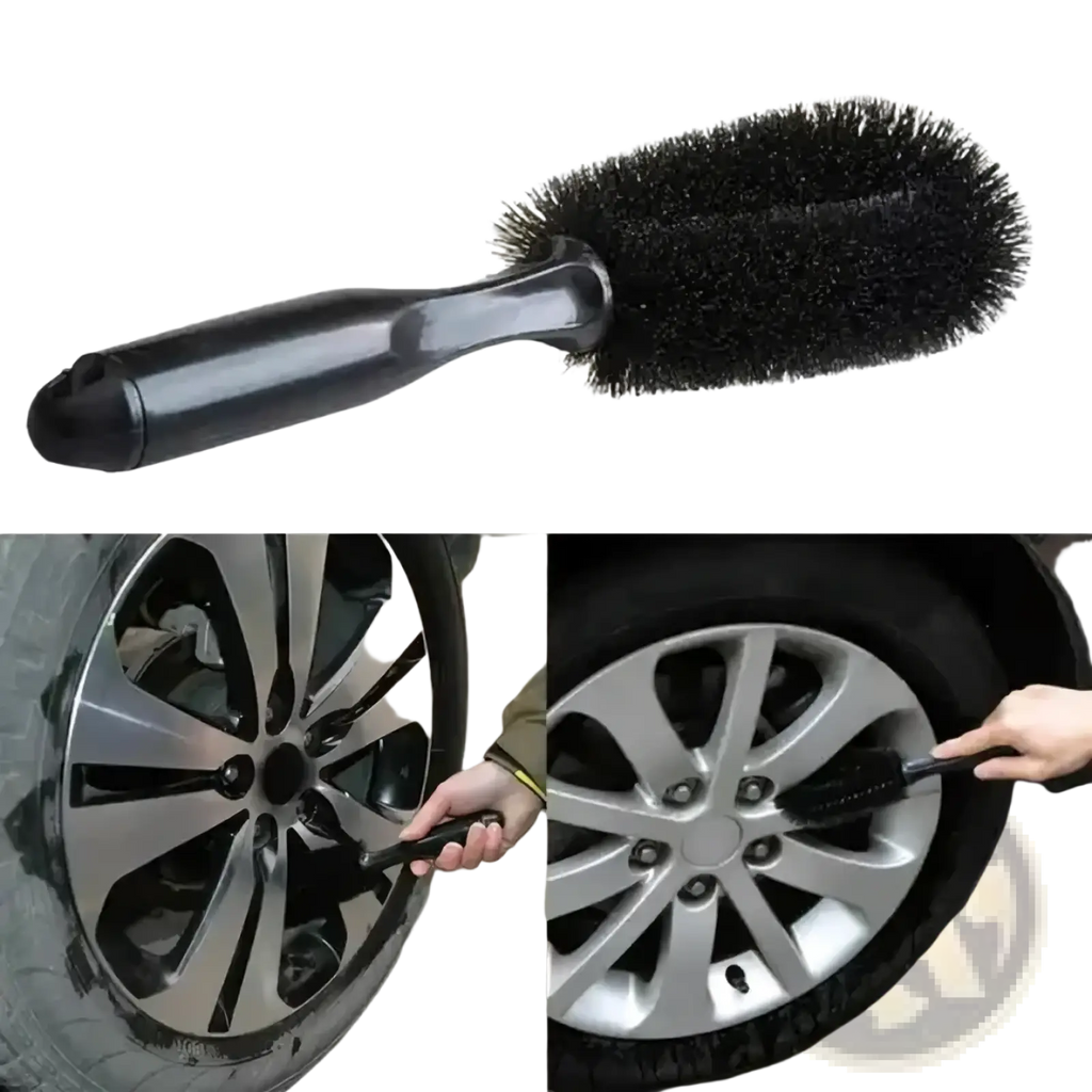 Black bristle microfiber car wheel cleaning brush with a sleek ergonomic handle for efficient wheel cleaning