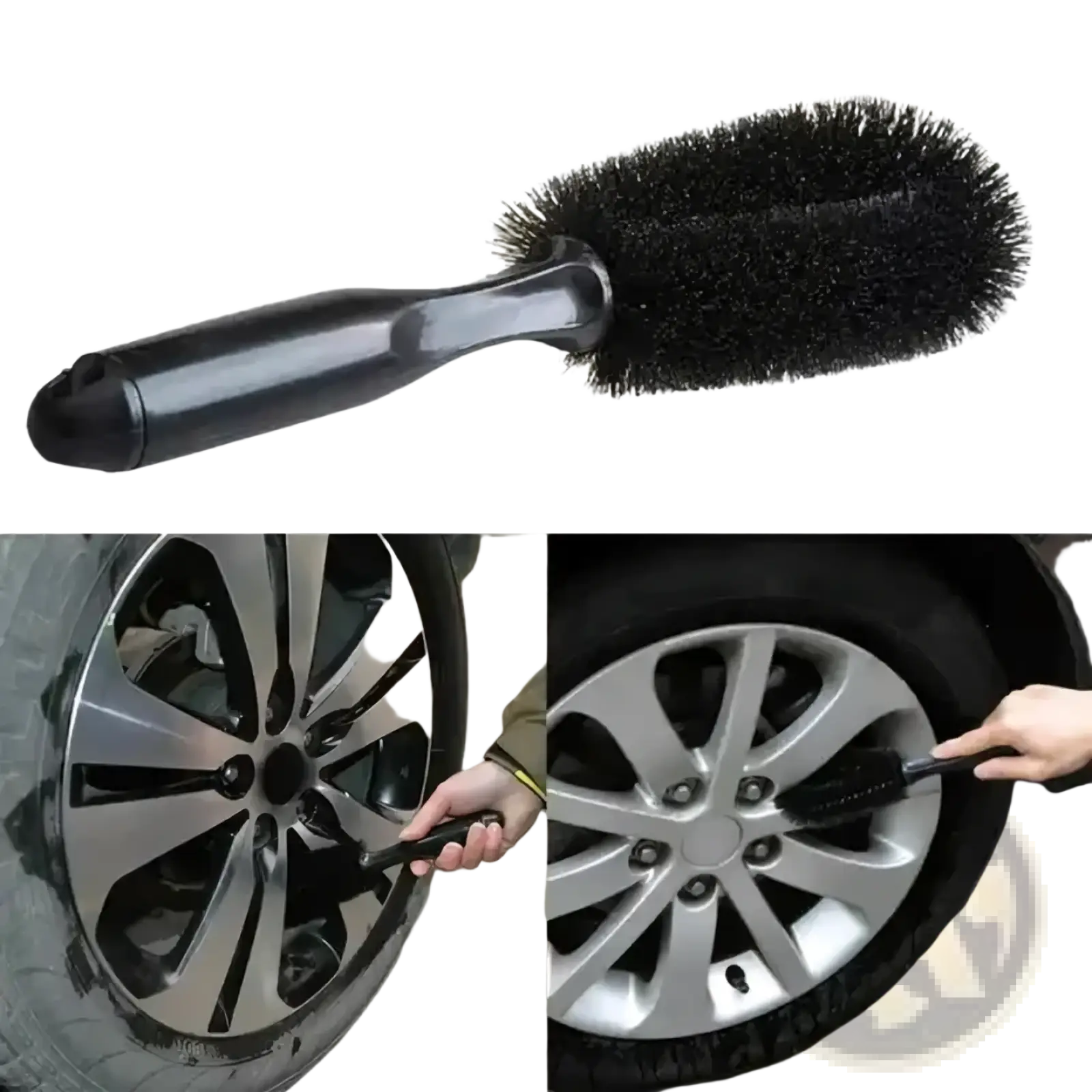 Black bristle microfiber car wheel cleaning brush with a sleek ergonomic handle for efficient wheel cleaning