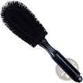Black microfiber car wheel cleaning brush with dense stiff bristles and glossy plastic handle for detailing