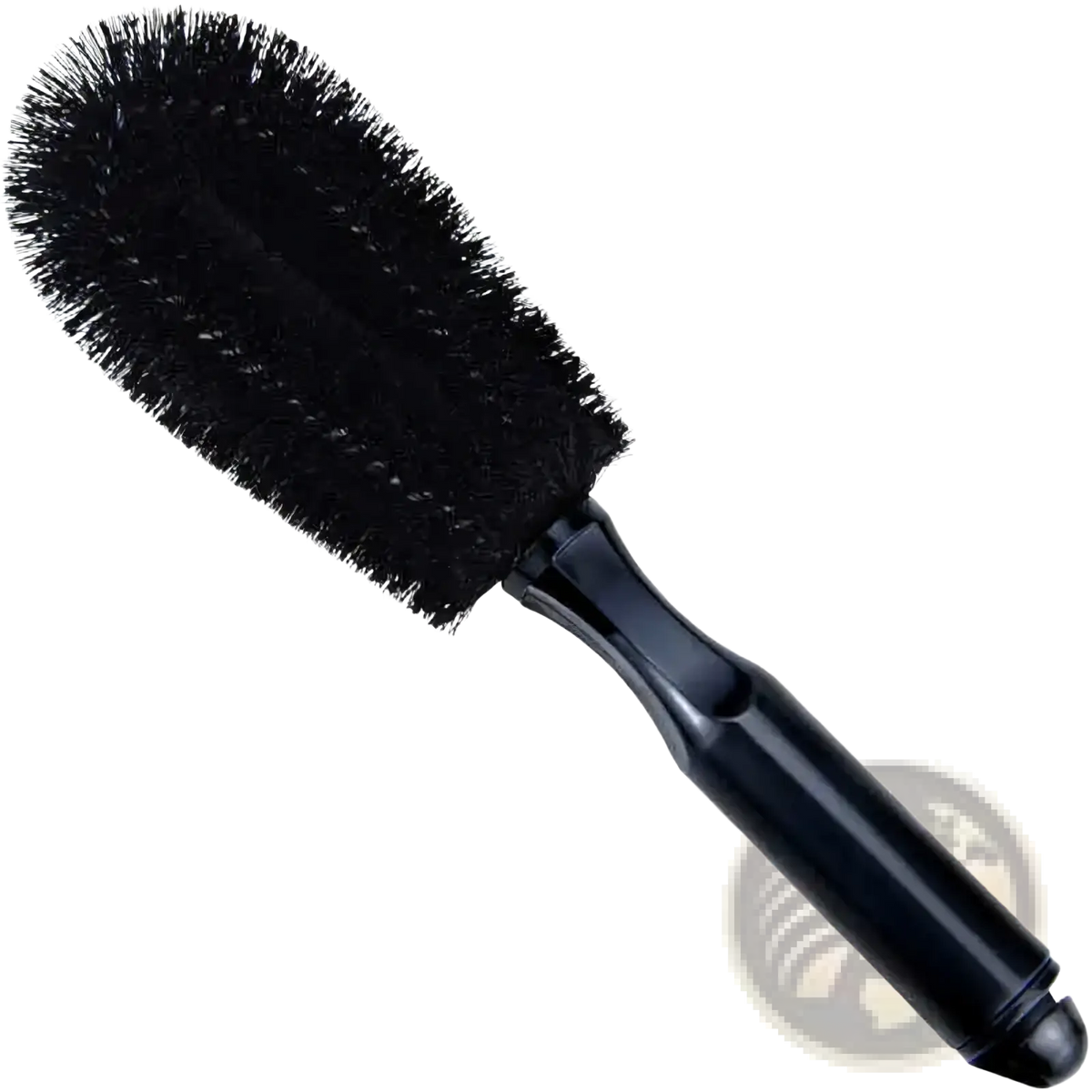 Black microfiber car wheel cleaning brush with dense stiff bristles and glossy plastic handle for detailing