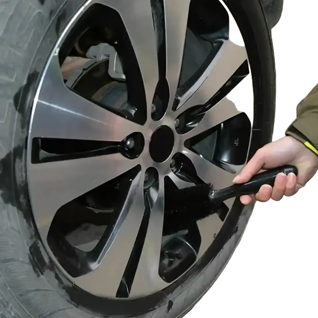 Black-handled microfiber car wheel cleaning brush with dense bristles designed for cleaning alloy wheels