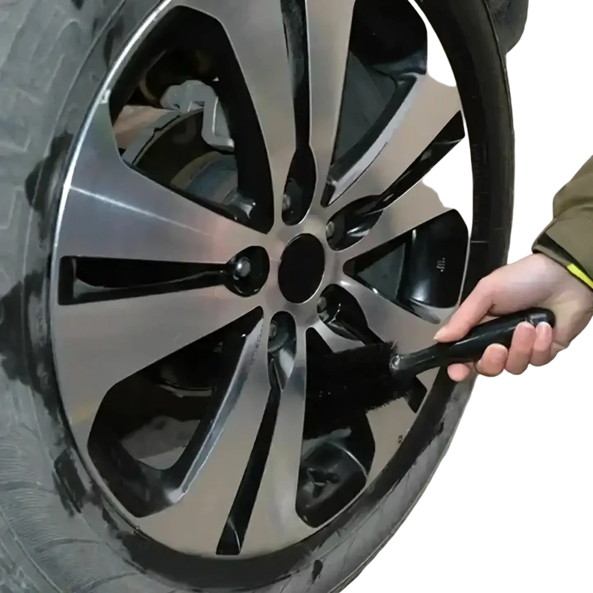 Black-handled microfiber car wheel cleaning brush with dense bristles designed for cleaning alloy wheels