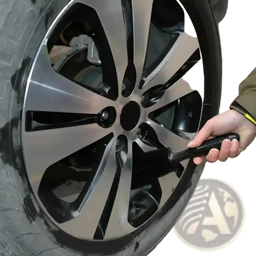 Black-handled microfiber car wheel cleaning brush with dense bristles designed for cleaning alloy wheels