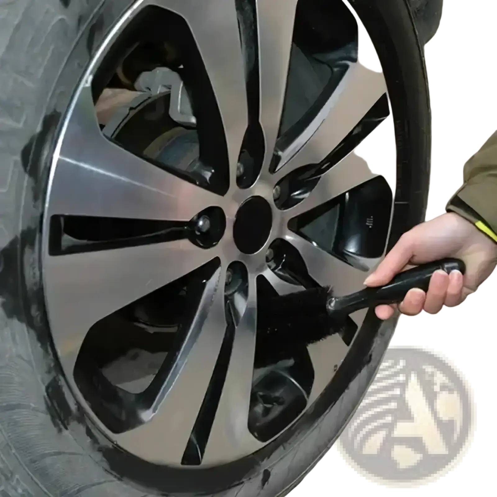 Black-handled microfiber car wheel cleaning brush with dense bristles designed for cleaning alloy wheels