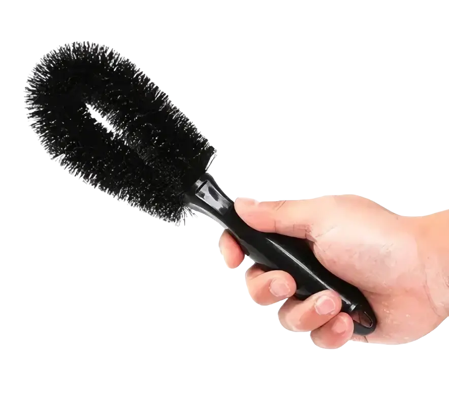 Black plastic microfiber car wheel cleaning brush with dense stiff bristles for effective cleaning use